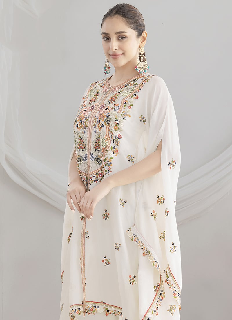 Off-White Chinon Silk Plazo Suit With Kameez & Dupatta For Indian & Pakistani Wedding Festival - Thread Embroidery Work