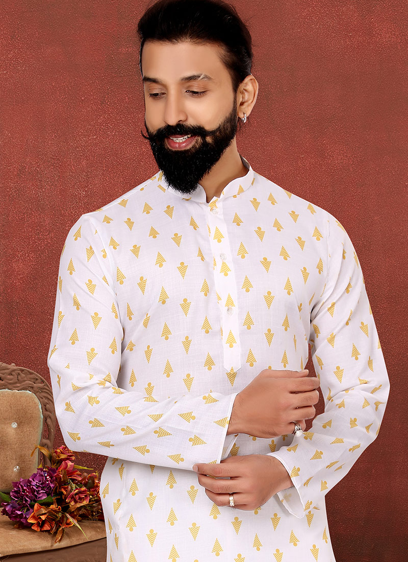 Men Cream Green Digital Print Poly Cotton Kurta Pyjama