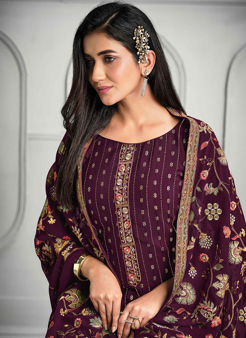 Buy Wine Chinon Embroidery Straight Pant Suit Party Wear, Embroidered