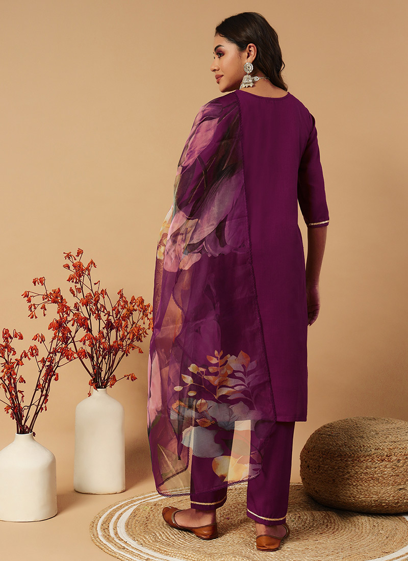 Wine Cotton Blend Embroidered Straight Kurta & Pant With Dupatta main image 0