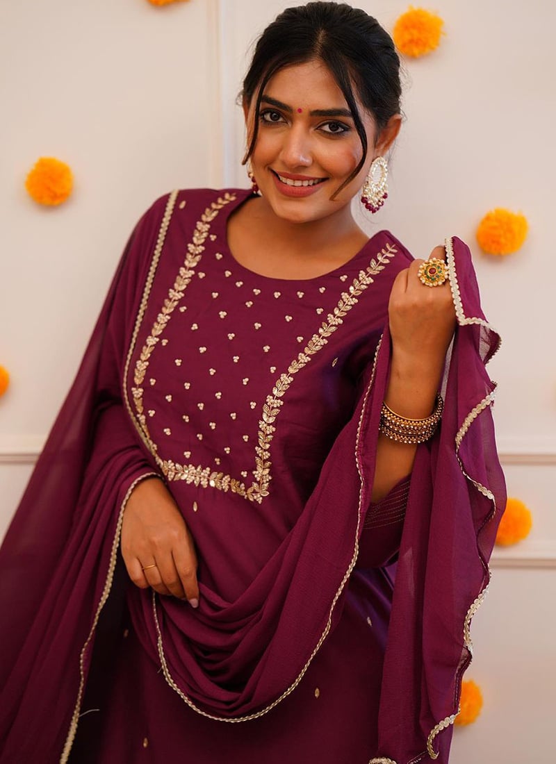 Wine Trendy Designer Readymade Pant Suit With Embroidery Work main image 0