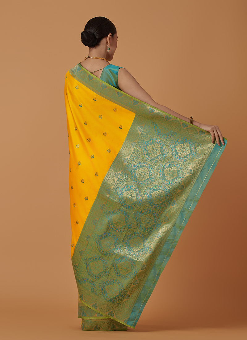Yellow Pure Satin Silk Banarasi Saree with All Over Gold Zari Work main image 1