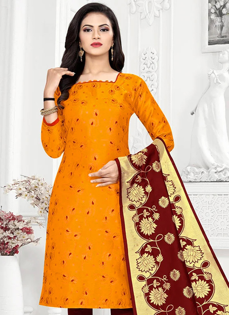 Buy Yellow Benarasi Art Silk Straight Pant Suit Party Wear, Benarasi