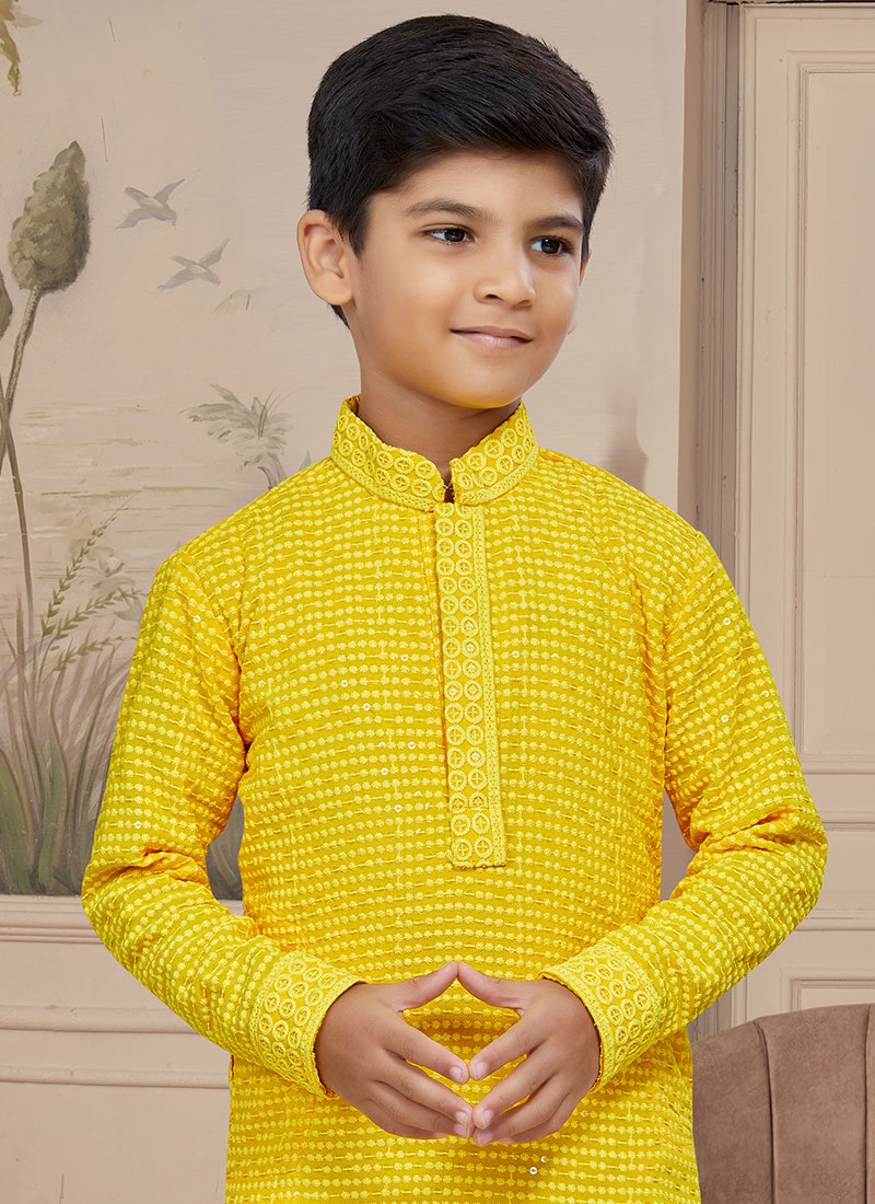 Campana Boys Mrinal Button Down Kurta Pyjama Set - Chevron Print - Yellow & Multicolour