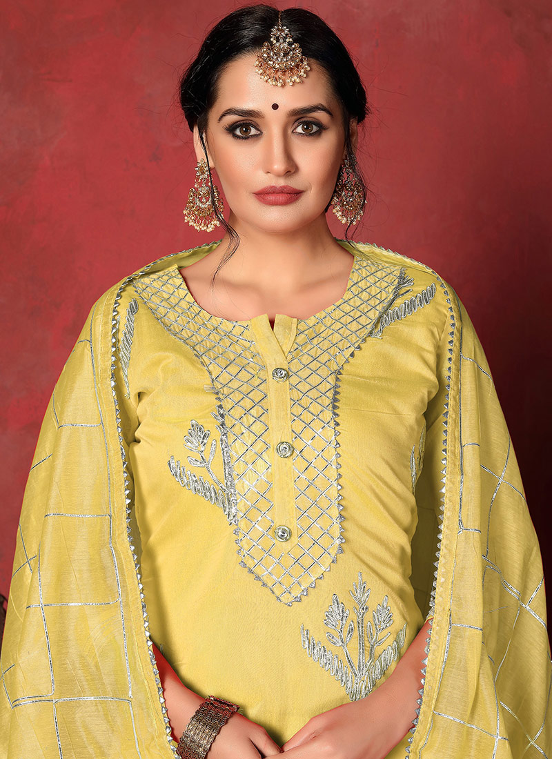 Buy Yellow Cotton Straight Pant Suit, Gota, straight pant suit Online