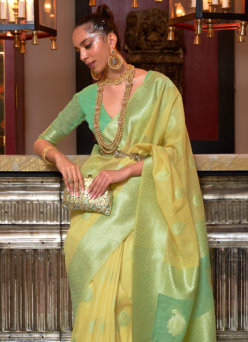 Buy Yellow Linen Zari Work Saree Festive Wear, Zari, sari Online
