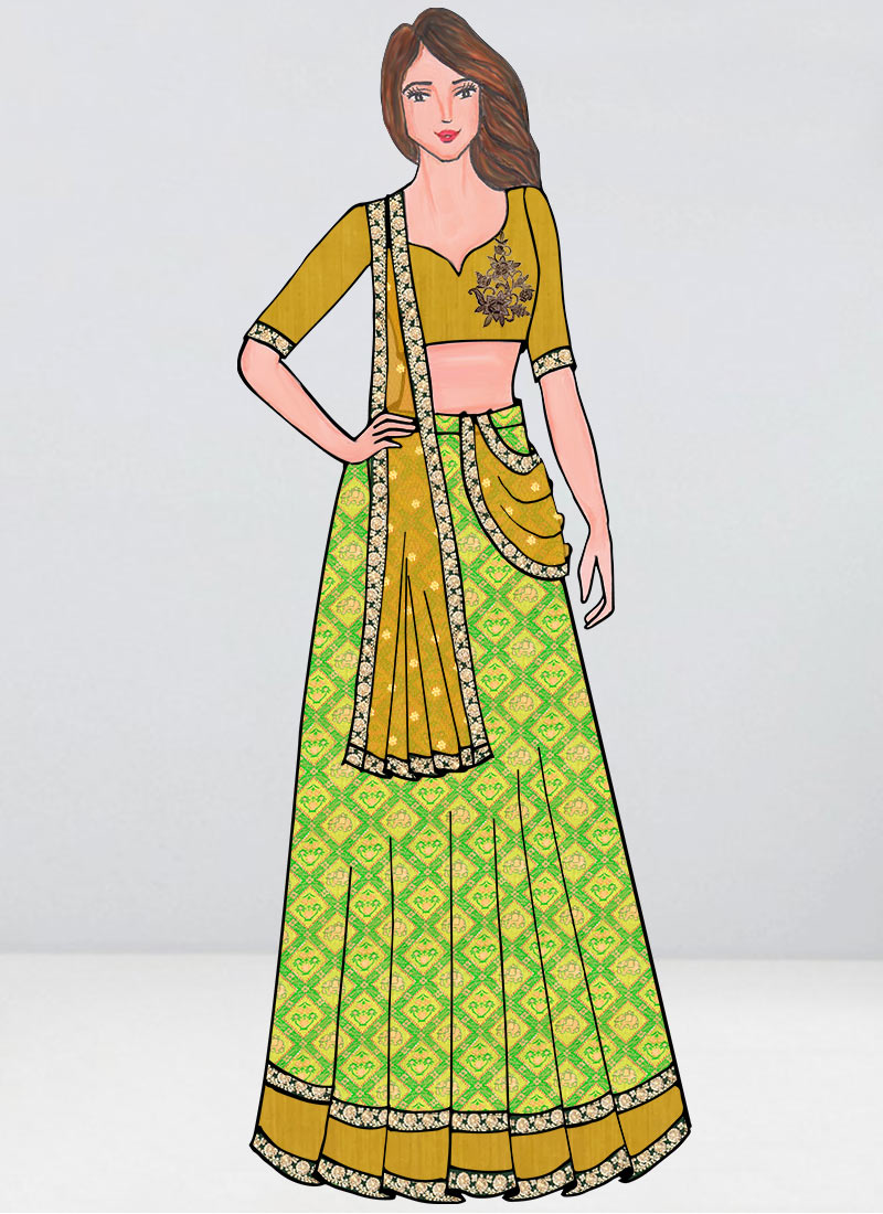 Shop Yellow N Green Embroidered Elbow Sleeves Lehenga Made to Measure