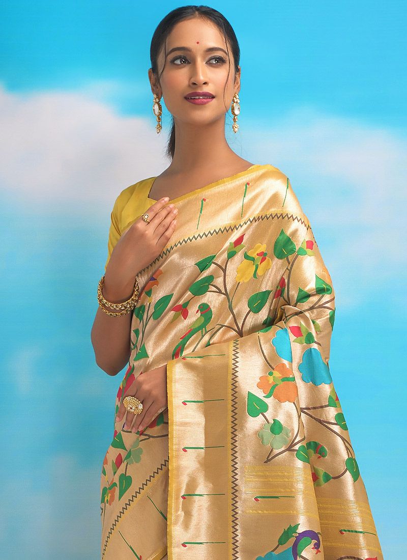Buy Yellow Paithani Silk Zari Saree Festive Wear Online at Best Price