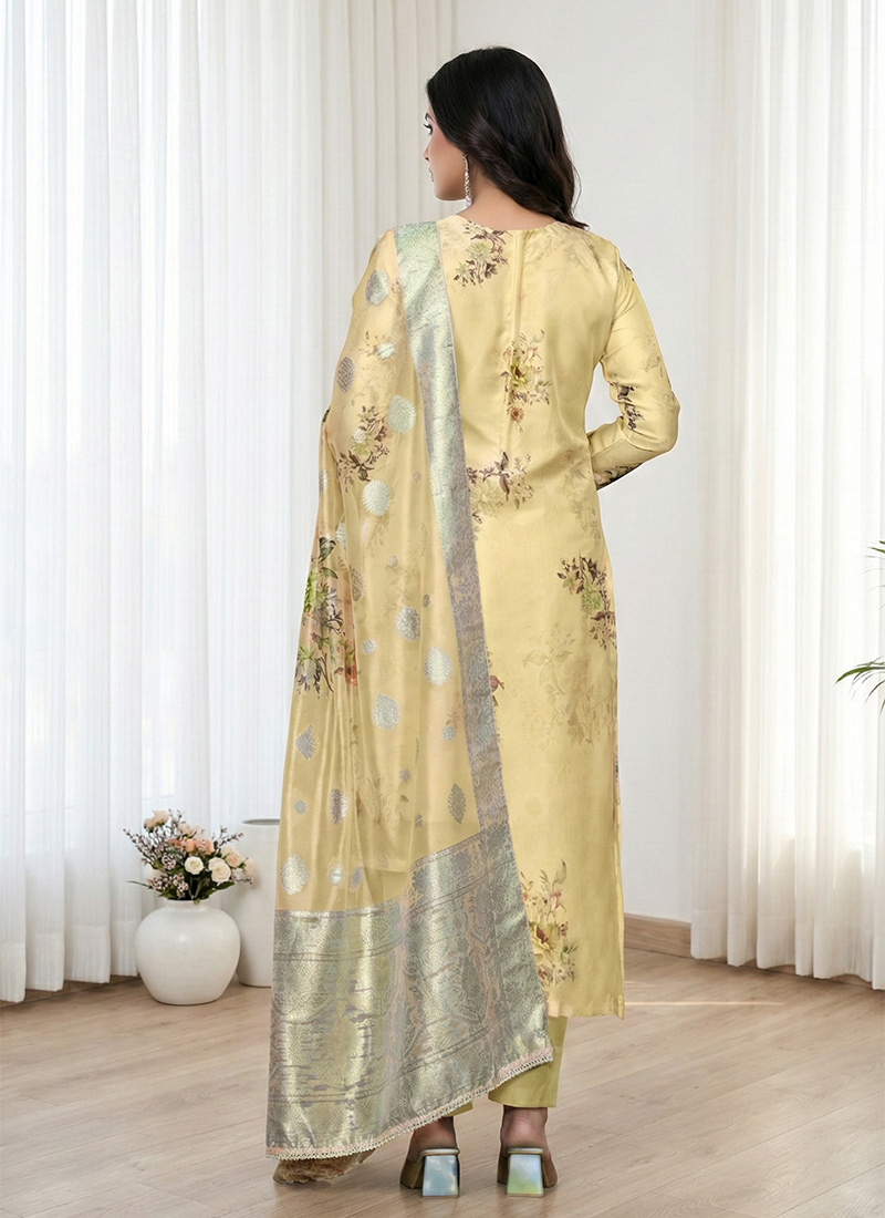 Yellow Banarasi Silk Pant Suit With Wevon Design
