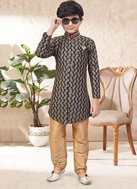 Premium Black And Chickoo Banarasi Silk Stone Work Kids Boys Indowestern Sherwani