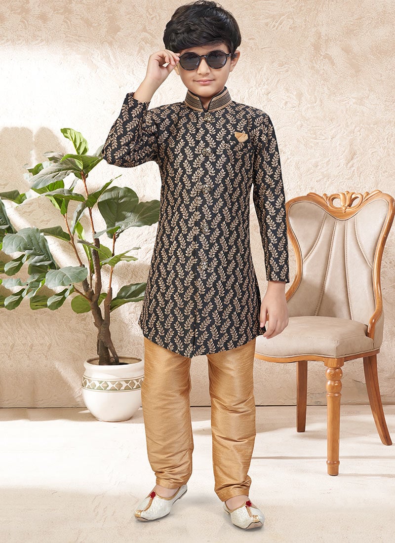 Premium Black And Chickoo Banarasi Silk Stone Work Kids Boys Indowestern Sherwani Wedding Wear