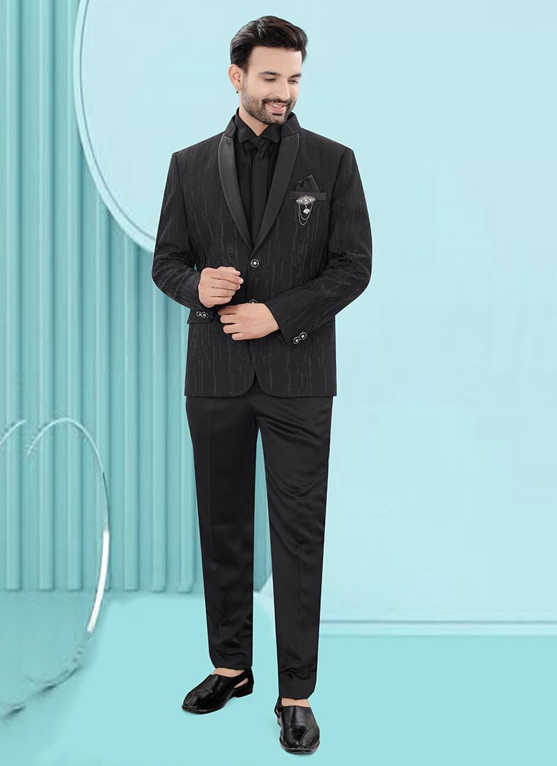 Premium Black Jacquard Bandhgala Suit Wedding Wear