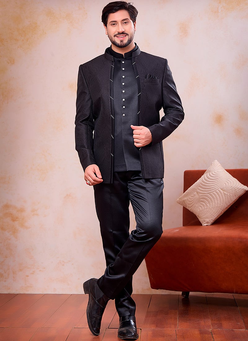 Premium Black Jacquard Silk Bandhgala Jacket