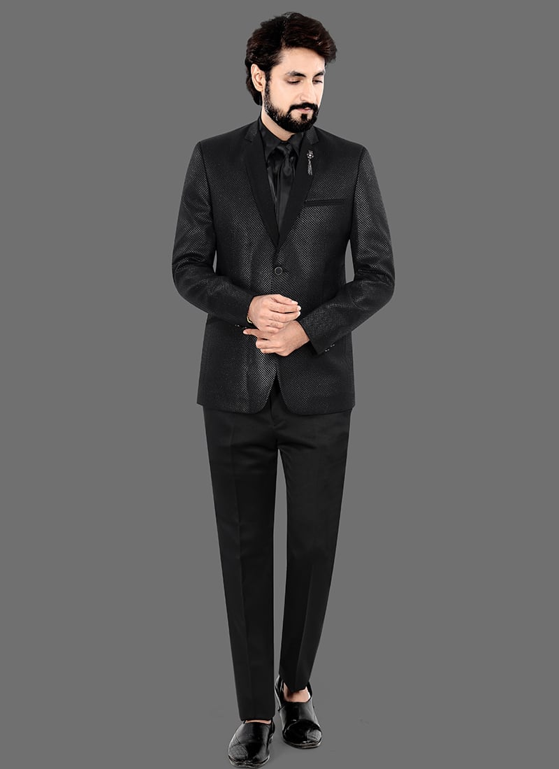 Premium Black Terry Rayon Bandhgala Suit Wedding Wear