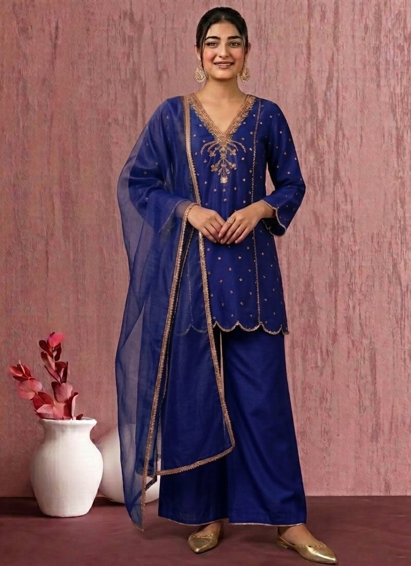 Premium Blue Art Silk Zari Sequins Palazzo Suit After Six Wear