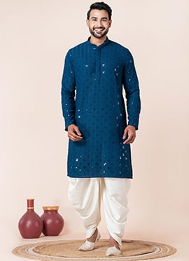 Premium Blue Cotton Silk Embroidered Kurta Pyjama