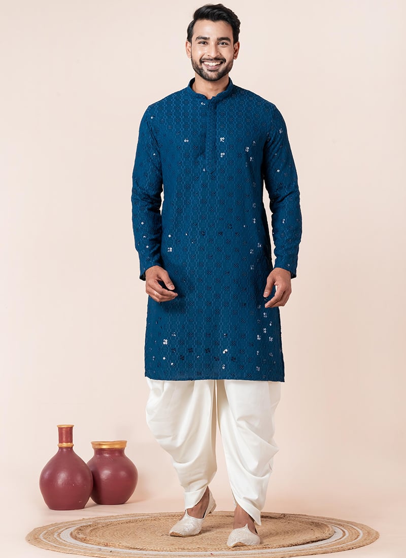 Premium Blue Cotton Silk Embroidered Kurta Pyjama Festive Wear
