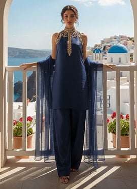 Premium Blue Silk Stones Sequins Beads Hand Work Farshi Suit