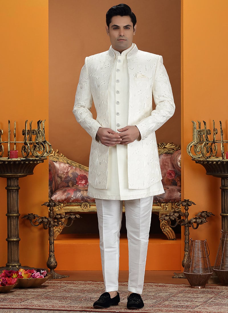 Premium Cream Silk Sequins Embroidered Thread Indowestern Sherwani Wedding Wear