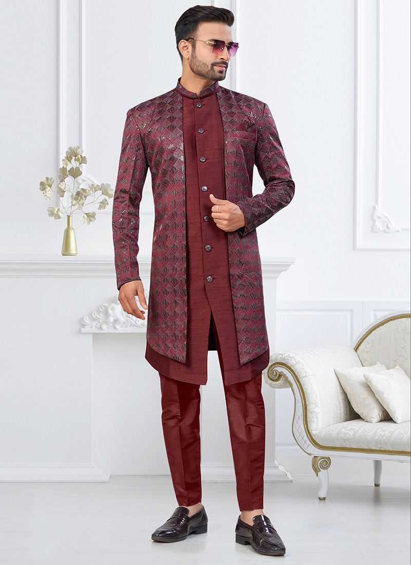 Premium Dark Maroon Zari Jackard Banarasi Silk Stones Zari Indowestern Sherwani Wedding Wear