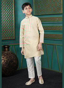 Premium Gold Jacquard Silk Embroidered Kids Boys Kurta Pyjama