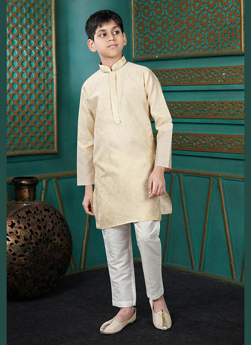 Premium Gold Jacquard Silk Embroidered Kids Boys Kurta Pyjama Festive Wear