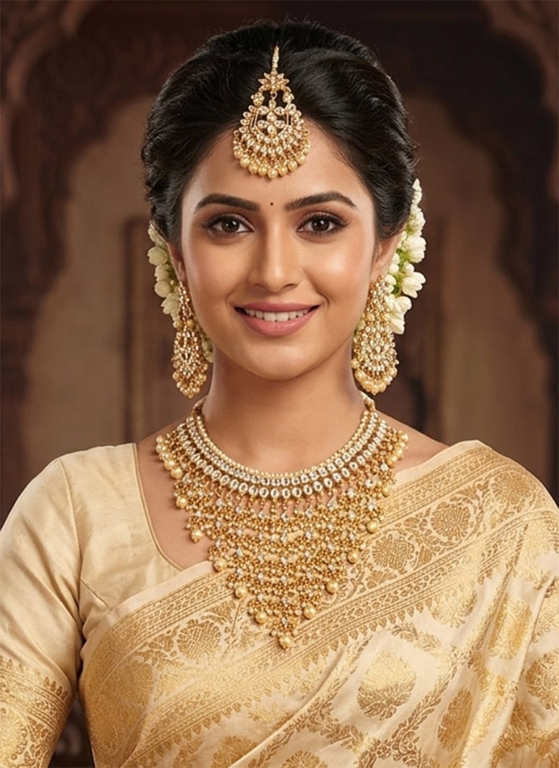 Premium Gold Kundan Pearl Necklace Wedding Wear