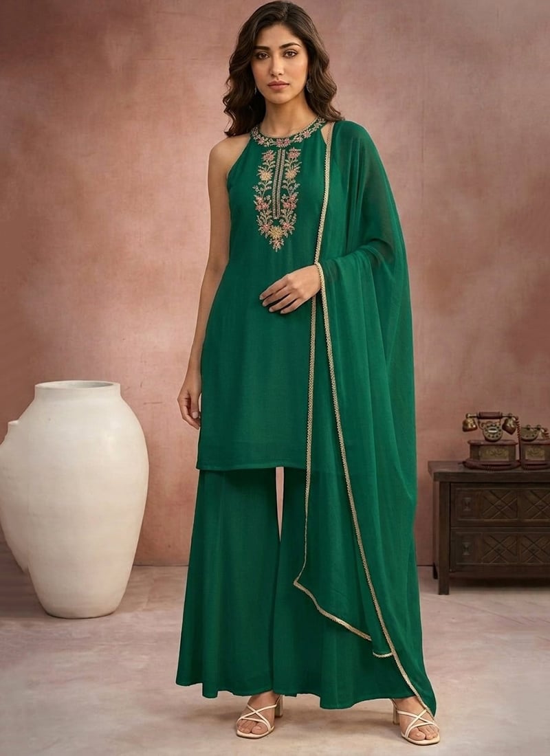Premium Green Faux Georgette Resham Embroidered Palazzo Suit Festive Wear