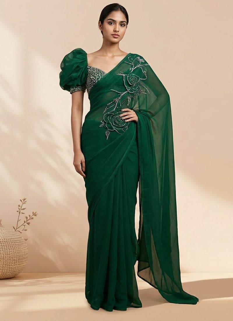 Premium Green Faux Georgette Sequins Hand Embroidered Saree Wedding Wear