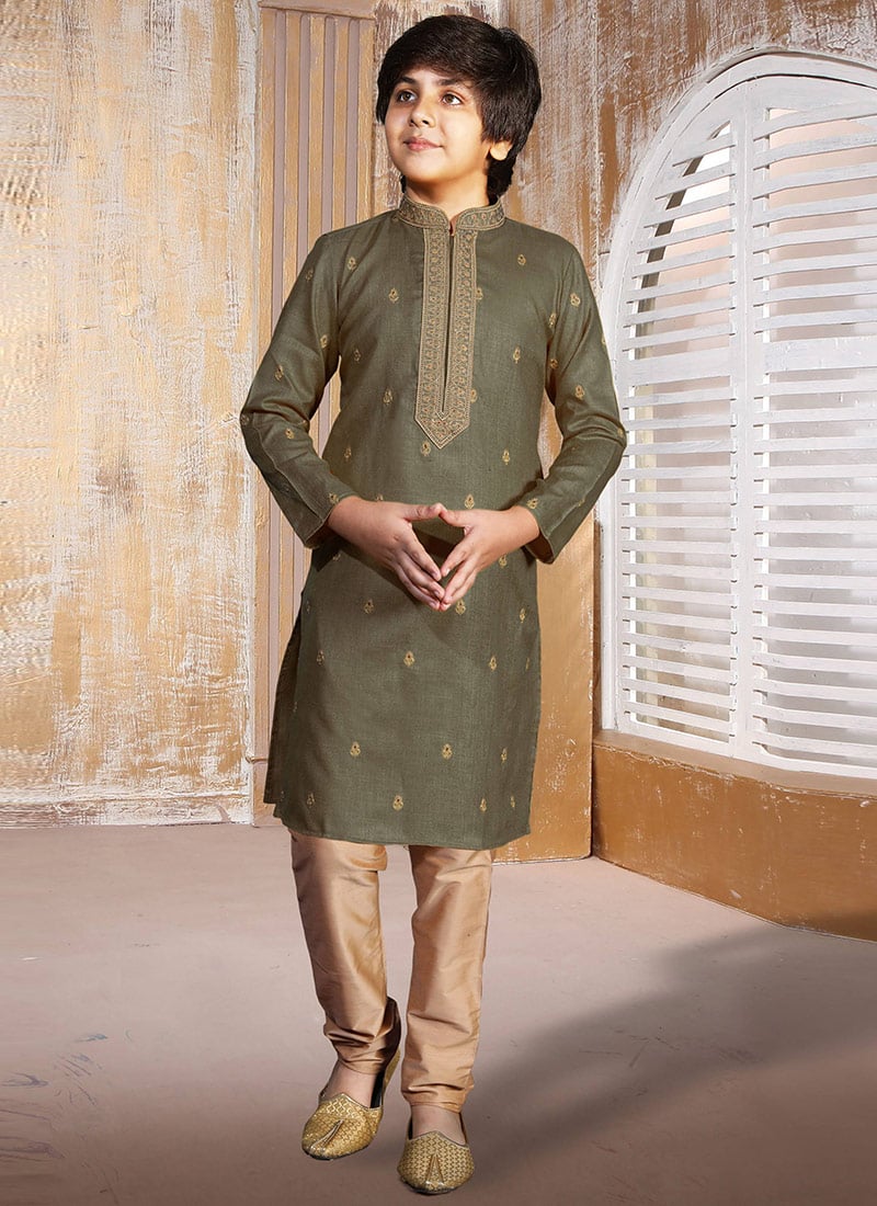 Premium Green Silk Embroidered Kids Boys Kurta Pyjama