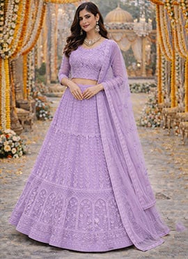 Premium Lavender Net Heavy Thread Embroidery Work Umbrella Lehenga