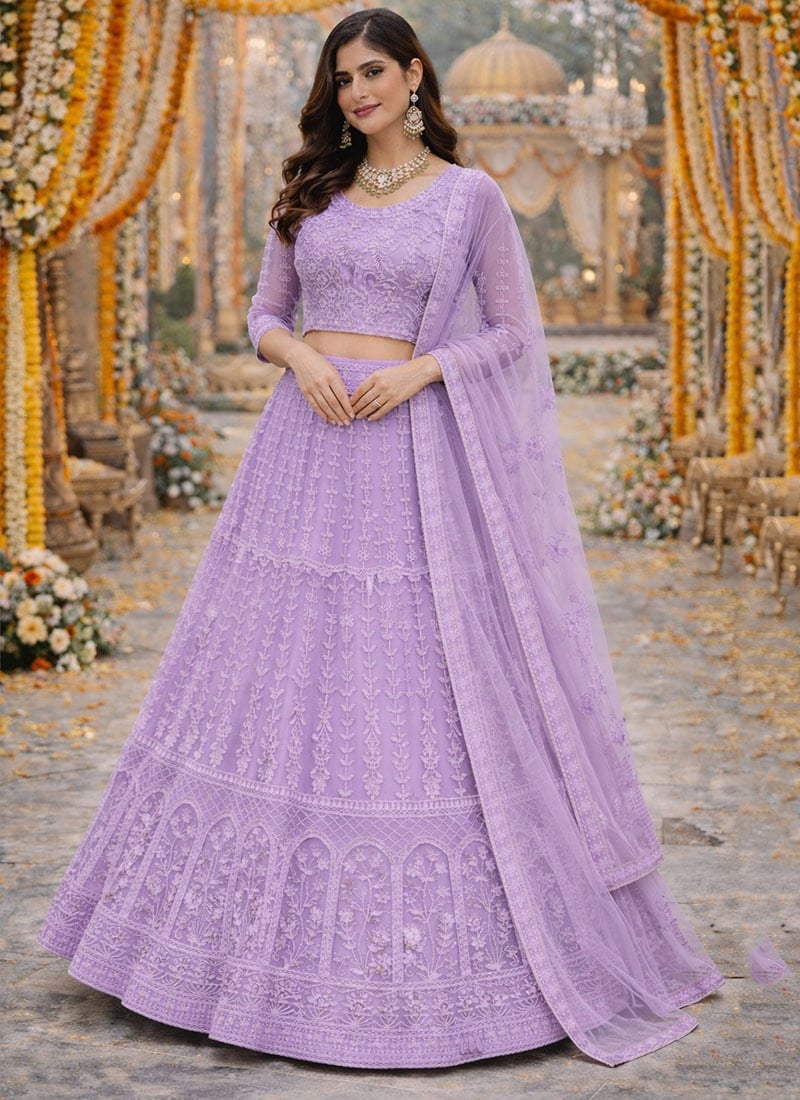 Premium Lavender Net Heavy Thread Embroidery Work Umbrella Lehenga After Six Wear