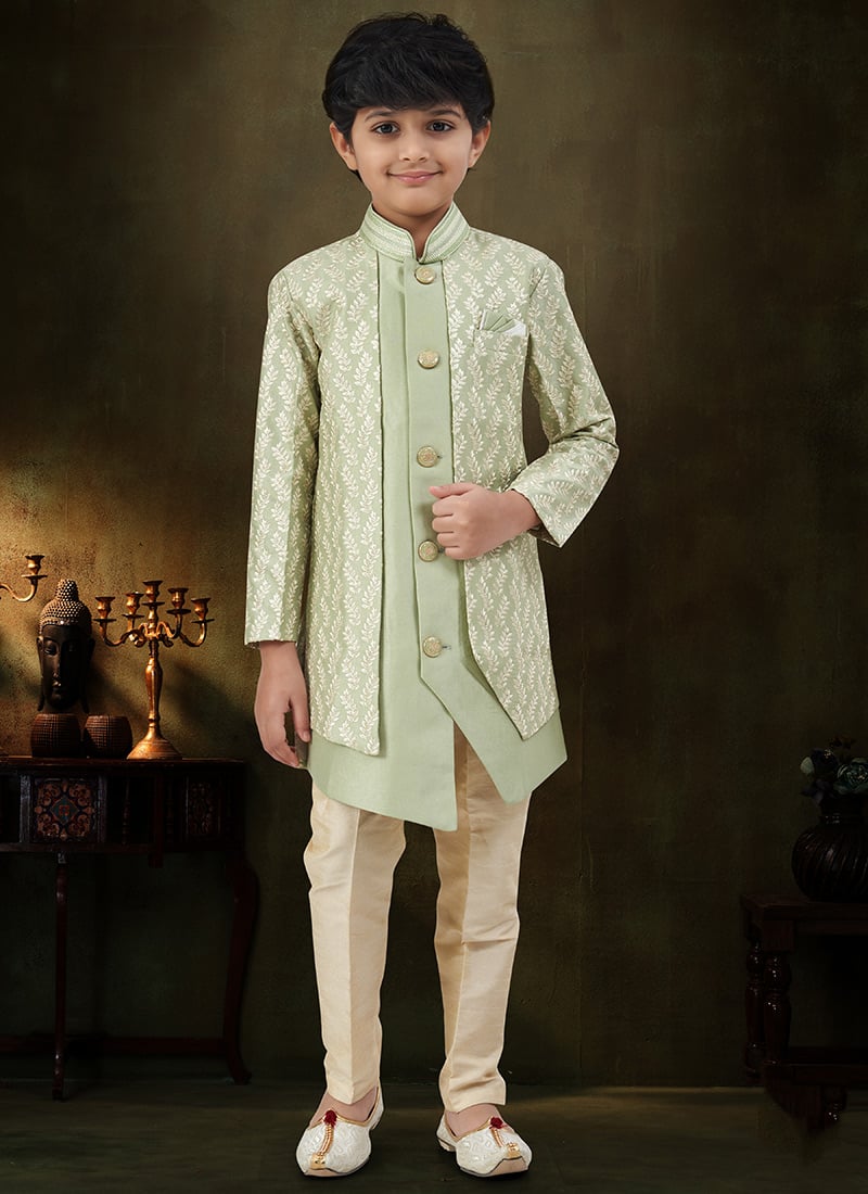 Premium Light Green Silk Benarasi Zari Embroidered Kids Boys Indowestern Sherwani Wedding Wear