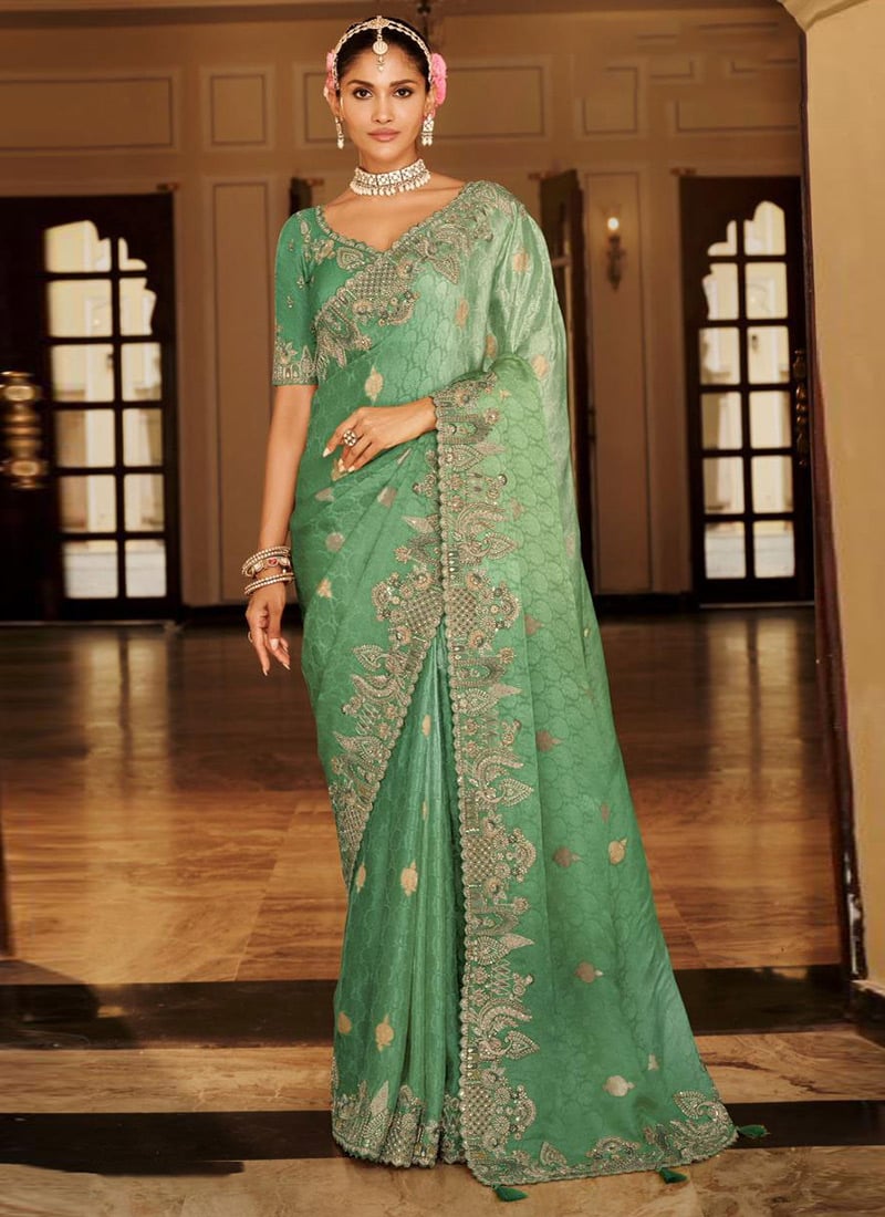 Premium Light Green Soft Silk Zari Weaving Heavy Thread Embroidery Khatli Work Saree Wedding Wear