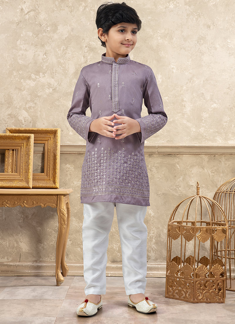 Premium Light Purple Soft Silk Tikki Work Kids Boys Kurta Pyjama Festive Wear