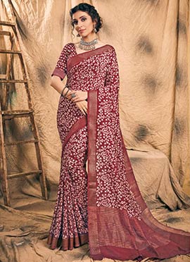 Premium Maroon Chanderi Silk Batik Print Saree