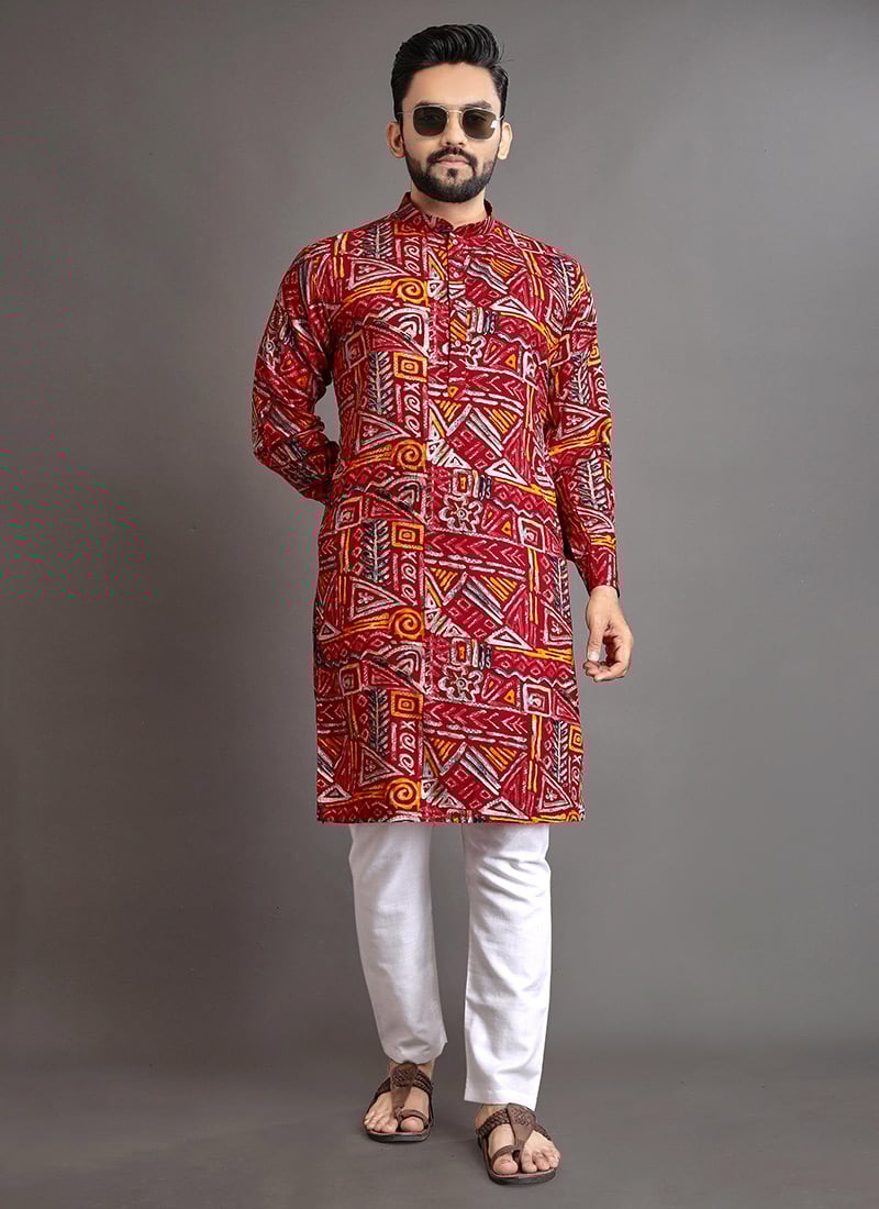 Premium Maroon Cotton Foil Print Kurta Pyjama Festive Wear