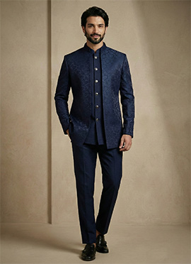 Premium Navy Blue Donear Satin Jacquard Bandhgala Suit