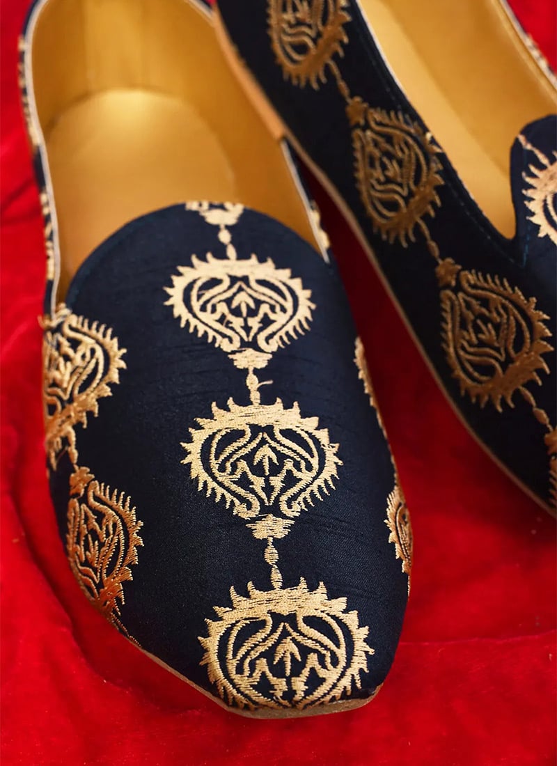 Premium Navy Blue Dupion Silk Embroidered Mojri