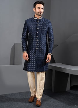 Premium Navy Blue Jacquard Silk Zari Embroidered Indowestern Sherwani