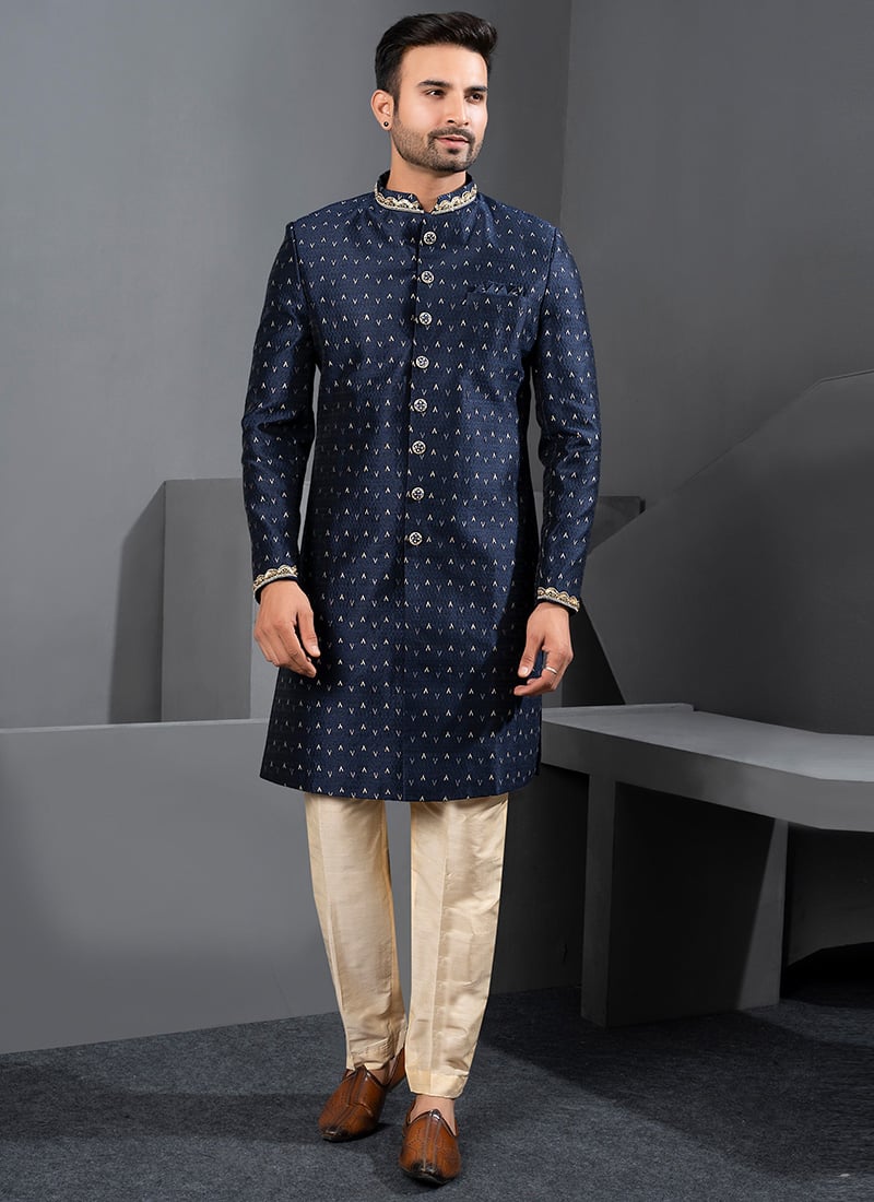 Premium Navy Blue Jacquard Silk Zari Embroidered Indowestern Sherwani Wedding Wear