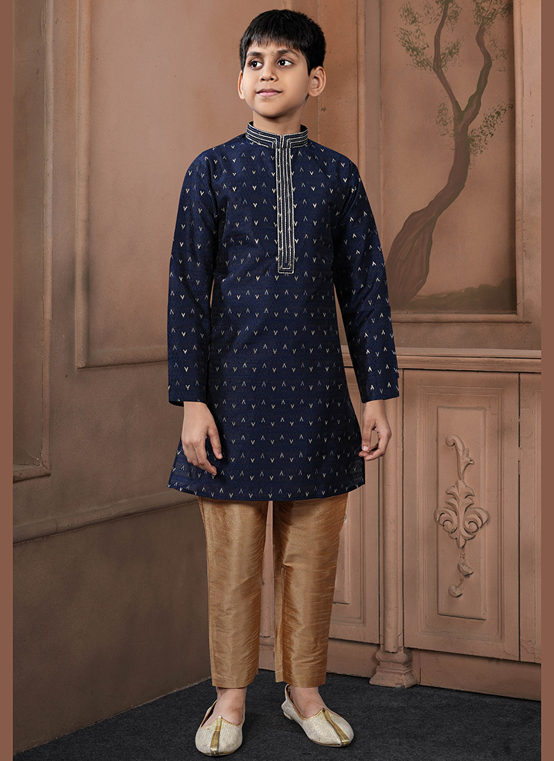 Premium Navy Blue Jacquard Silk Zari Kids Boys Kurta Pyjama Festive Wear