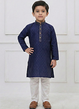 Premium Navy Blue Silk Zari Thread Kids Boys Kurta Pyjama