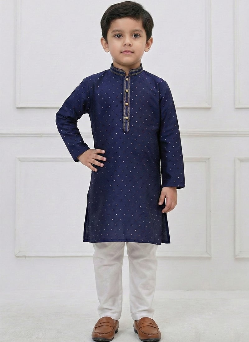 Premium Navy Blue Silk Zari Thread Kids Boys Kurta Pyjama Festive Wear