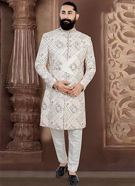Premium Off White Jacquard Sequins Embroidered Thread Indowestern Sherwani