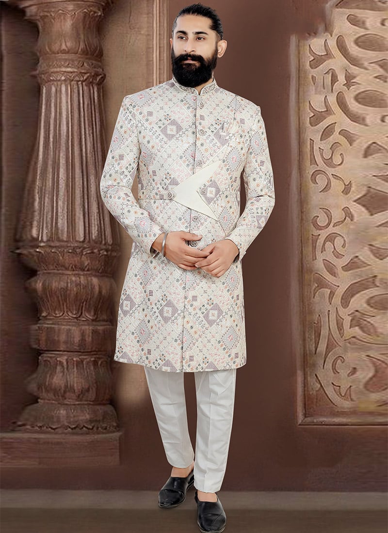 Premium Off White Jacquard Sequins Embroidered Thread Indowestern Sherwani Wedding Wear