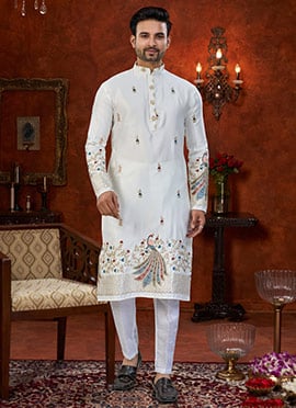 Premium Off White Malai Silk Embroidered Kurta Pyjama