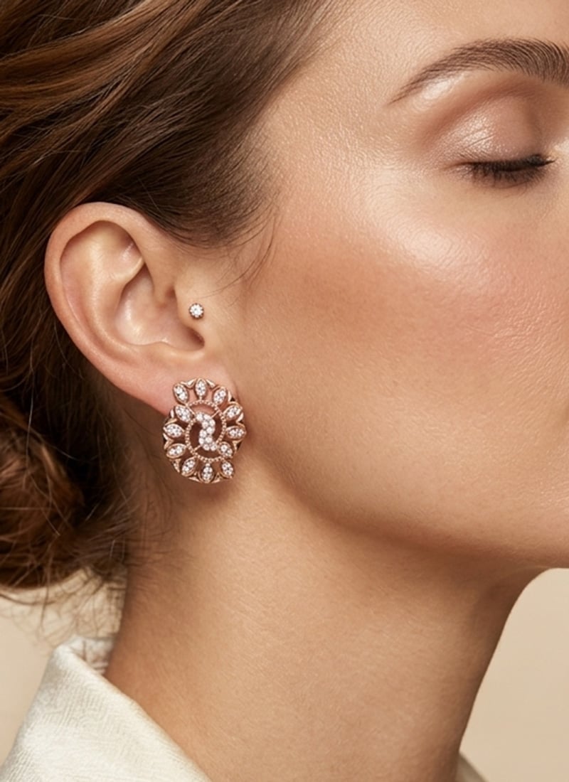 Premium Rose Gold 925 Sterling Silver Moissanite Stud Earrings Wedding Wear