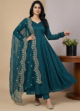 Premium Teal Fendy Silk Embroidered Sequins Anarkali Suit