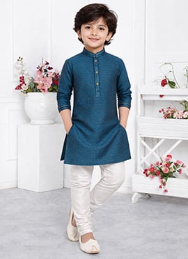 Premium Teal Jacquard Silk Brocade Kids Boys Kurta Pyjama